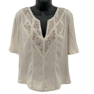 Sophie Blouse WMNS S Oatmeal Pullover Lace Trim V-Neck Short Sleeve Lightweight